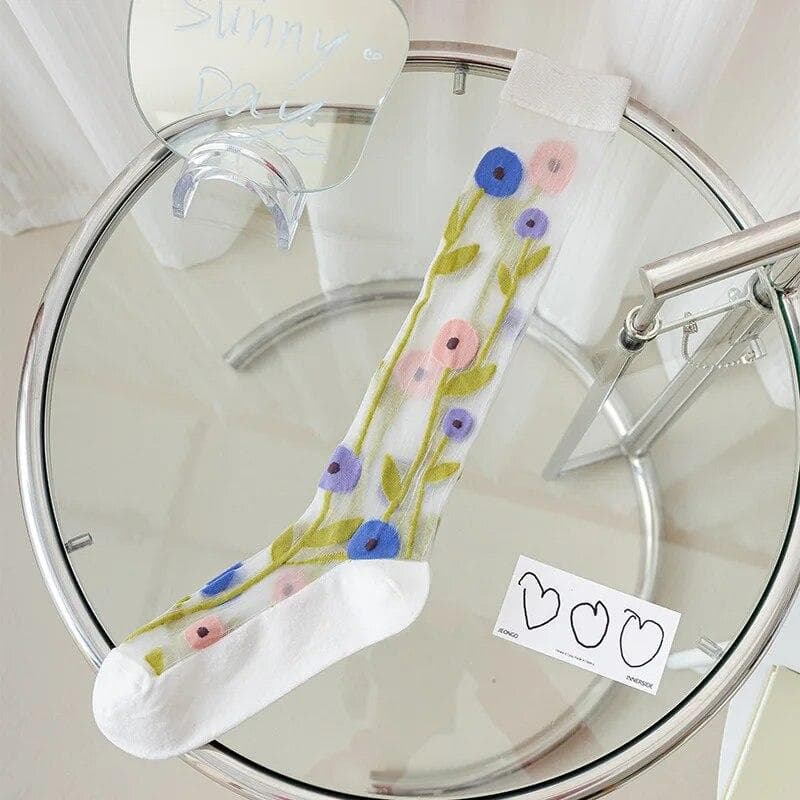 Summer Ultra-thin Nylon Long Socks Stockings See Through Transparent Knee High Socks Floral Print Japanese Kawaii Cute Stockings One Size