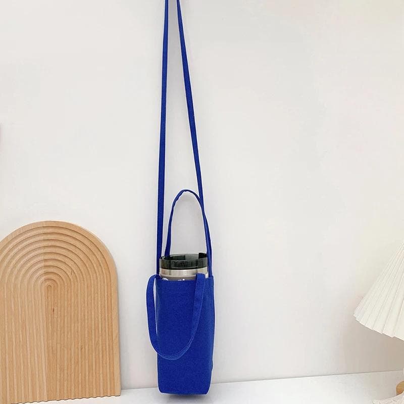 Travel Portable Water Bottle Bag Crossbody Simple Solid Color Cup Protector Canvas Protective Sleeve With Strap Bottles Pouch dark blue