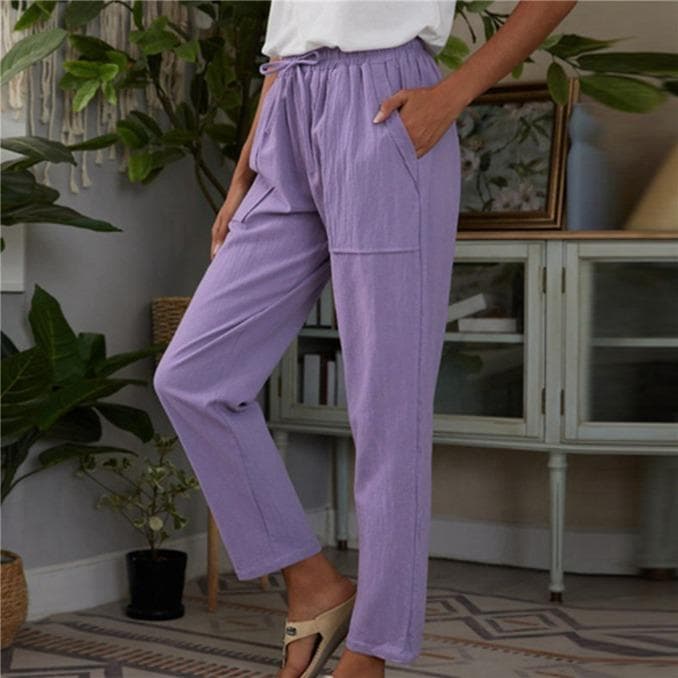 Fashion Women's Cotton Linen Pants Solid Color Pockets Elastic Waist Loose Casual Pants M purple