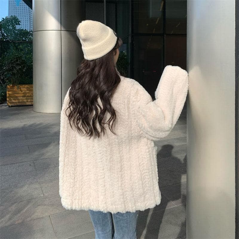 Thickened Lamb Wool Coat Warm Autumn and Winter Cowhide Buckle Solid Color Stand Collar Cotton Jacket XL beige
