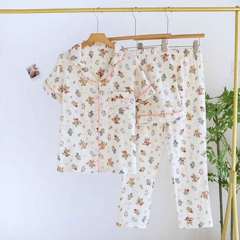 New Women's Spring Summer Pajama Set 100% Cotton Short Sleeves+Shorts+Long Pants Three Piece Thin Sweet Home Furnishings XL