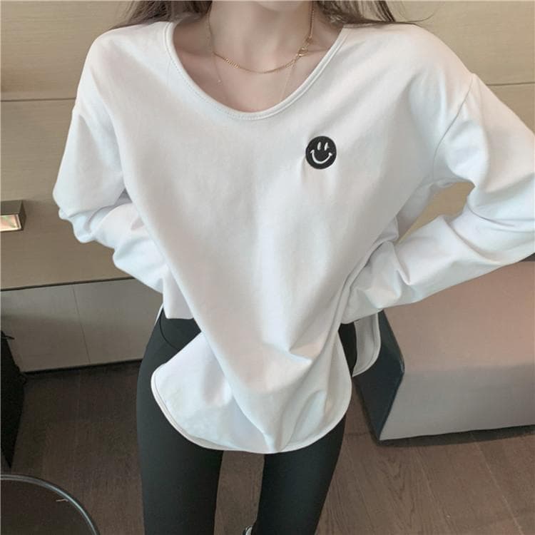 White Plush Base Shirt for Women with Autumn and Winter Fashionable Loose Slit Cotton Long-sleeved T-shirt for Women Mid-length Top XXL