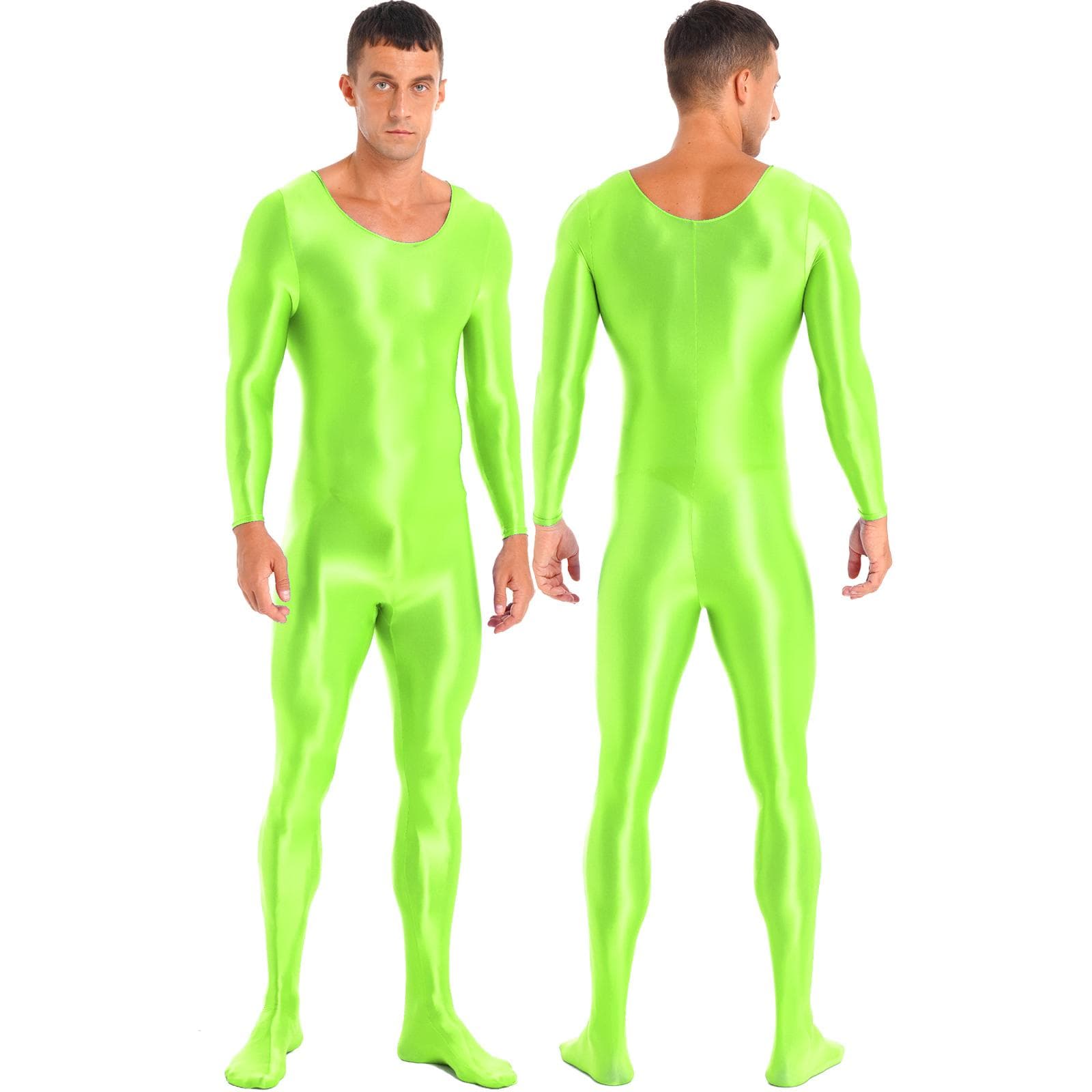 Mens One Piece Long Sleeve Tank Unitard Jumpsuit Stretch Spandex Bodysuit Rompers XL fluorescent green