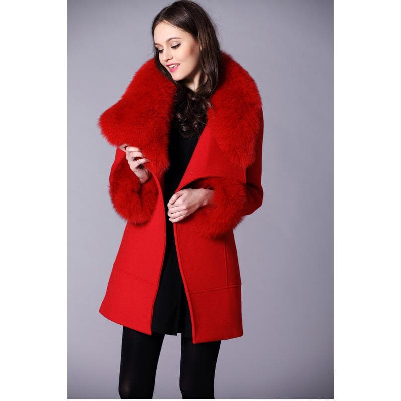 New Woolen Women's Coat Fur Collar Medium and Long Korean Version Woolen Coat S red