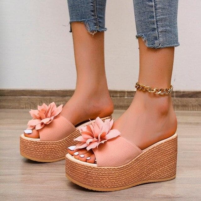 Summer Beach Platform Women Wedge Slippers Appliques Butterfly-knot Female Sandals Clog Shoes Women Slippers 39 pink