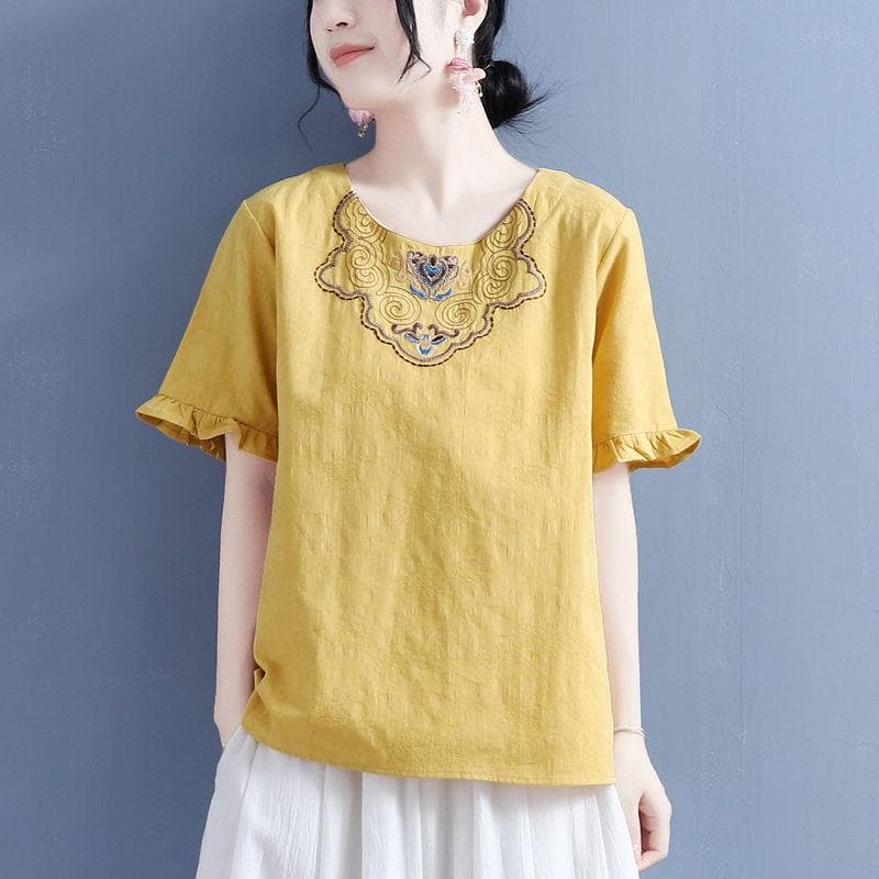 Summer Cotton and Linen Neckline Floral Embroidered Wood Earrings Short-sleeved T-shirt for Women Chinese Style Retro Loose Thin Top 4XL