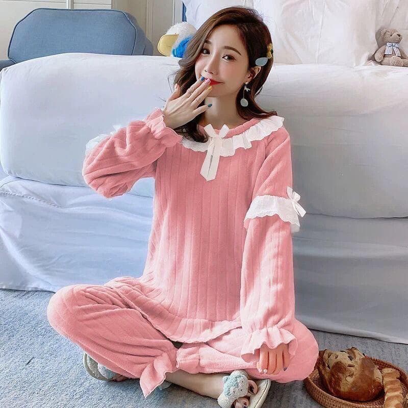 2PCS/Set Fall Winter Pajamas Thickened Warm Square Neck Long-Sleeved Coral Velvet Loungewear Maternity Solid Striped Homewear 2XL