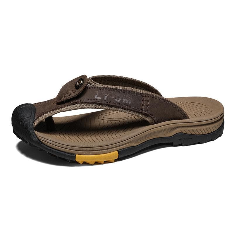 Genuine Cow Leather Shoes Men Sandals Mens Flip Flops Men's Casual Shoes Classic Massage Beach Slippers Anti-slip Summer 39 dark brown
