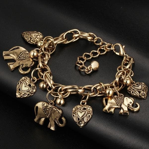 Fashion Celebrity Creative Design Classics Vintage Bracelet Unique Elephant Carved Romantic Heart Model Shiny Bead Pendant Personality Bracelets gold
