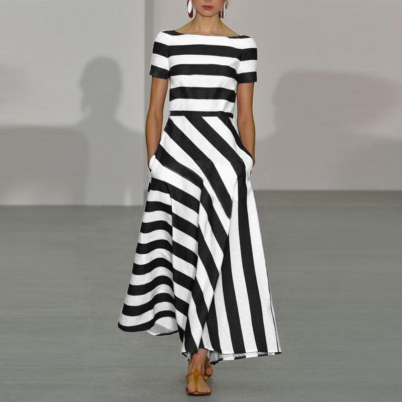 VONDA Women's Summer Raglan Short Sleeve Pocket Asymmetry Stripe Long Dress 2XL black