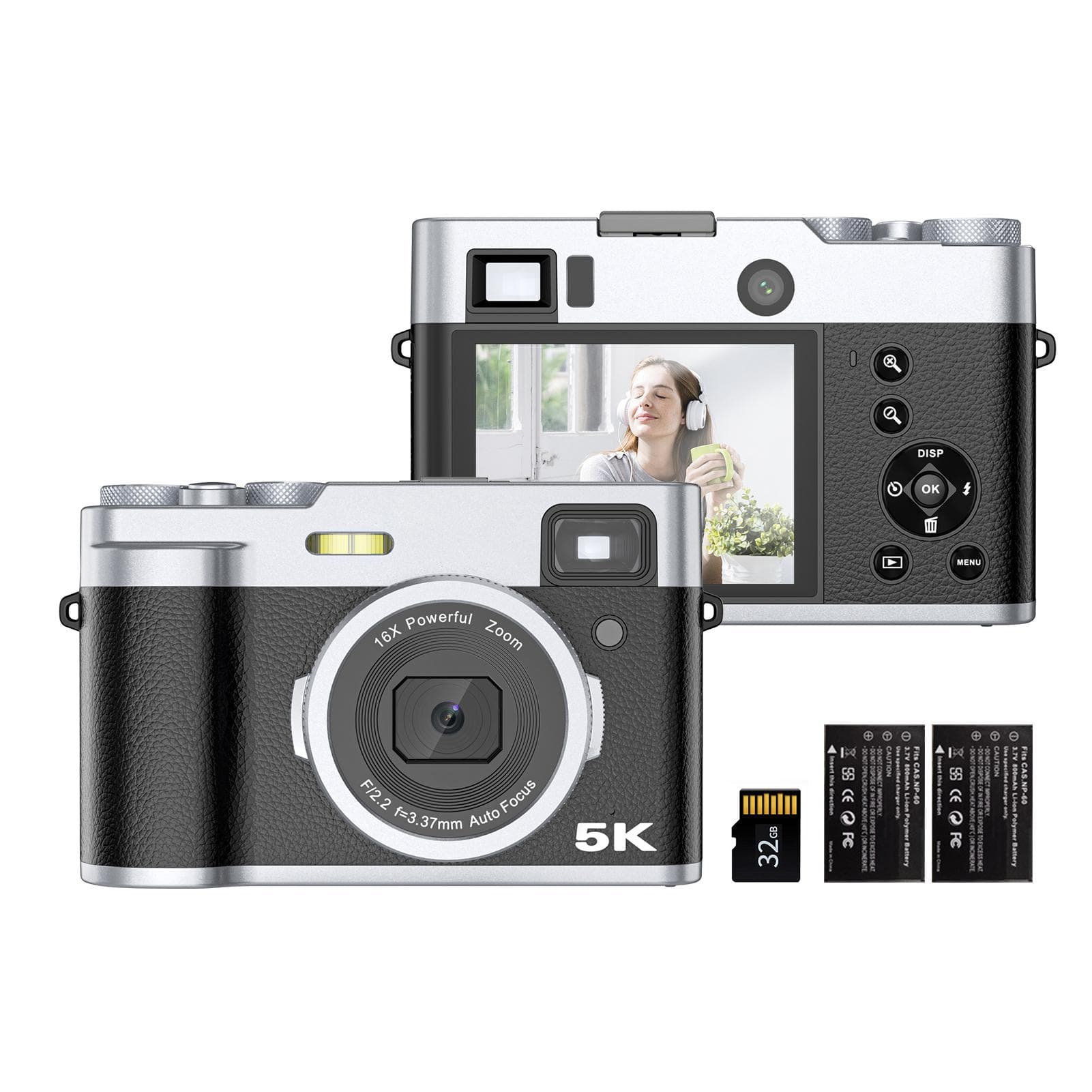 Portable Digital Camera 5K Video Camera 2.8-inch IPS Screen 48MP Dual Lenses 16X Digital Zoom Auto black