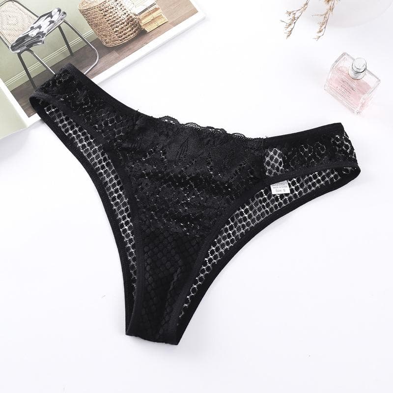 TERMEZY New Panties Women Lace Underwear Sexy Low-Waist G String Thong Transparent Hollow Out Briefs Solid Soft Female Lingerie S black