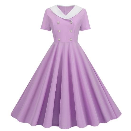 Women Prom Party Dress Vinatge 50s Evening Dress A-line Big Swing Short Sleeve V Neck Button Decor Fake Double-breasted Hidded Zipper Solid M purple