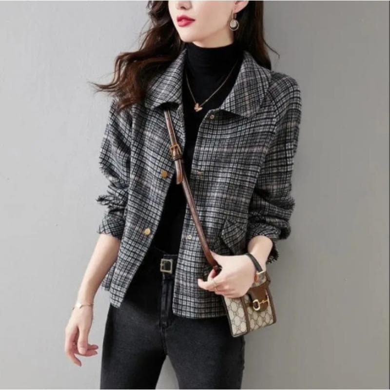 Xiaoxiangfeng Jacket for Women, Spring and Autumn Korean Style Short Plaid Tweed Top for Small People 4XL