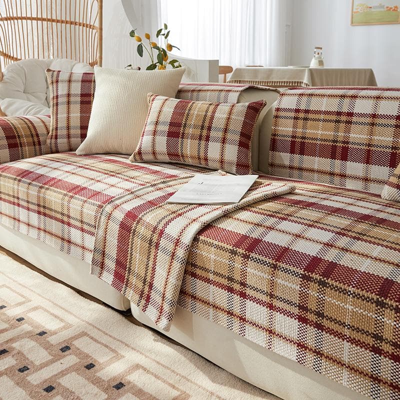Sofa Cushion Four Seasons Cotton Linen Lattice Solid Wood Sofa Cover Non-slip Universal Sofa Cover Thickening Log Wind Couch Mat 105x210cm 1pcs