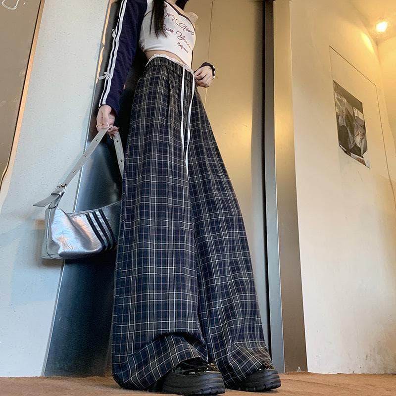 American Plaid Wide-leg Pants for Women In Autumn High-waist Loose Casual Pants Straight Floor Pants 4XL