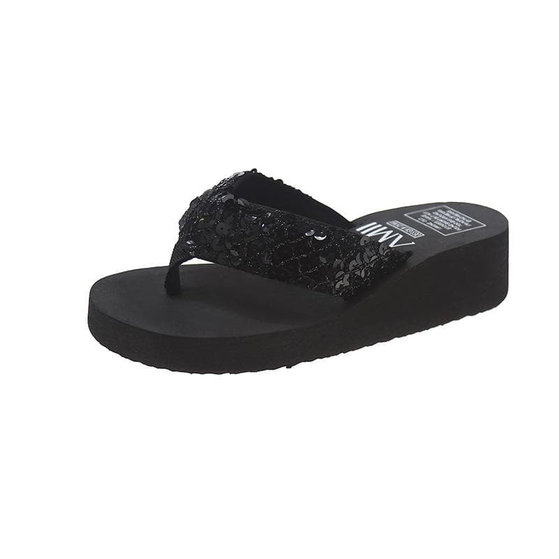 Glitter, Flip Flops, Women's, Wedge Heel, Thick Sole, Home Slippers, Beach Shoes, Slippers, Shiny, Women's Slippers 41 black