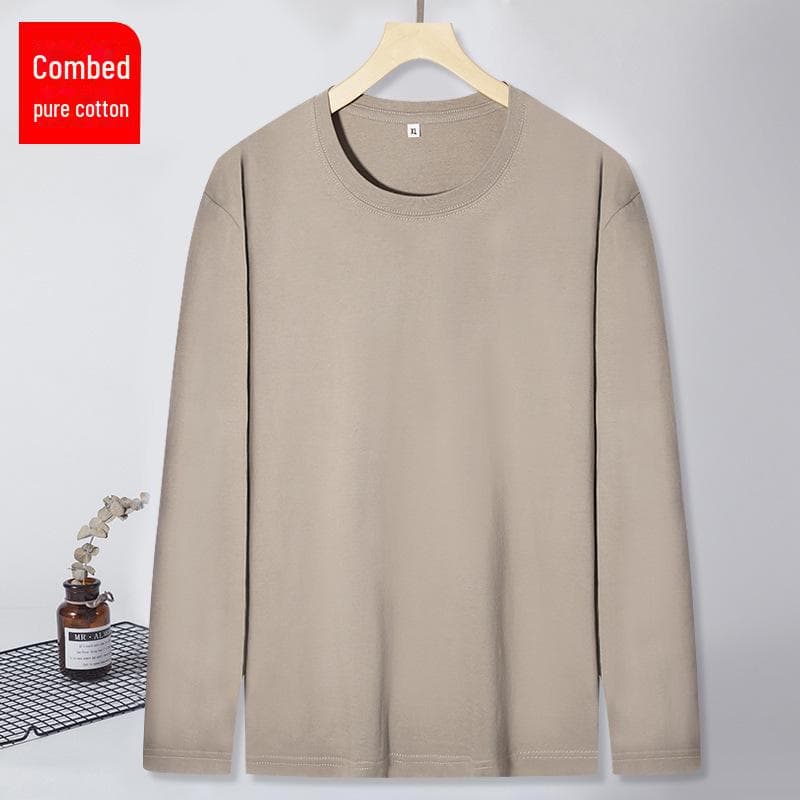 Men's White Cotton Long-Sleeve Crewneck Tee - Loose Fit Solid Color Autumn Top L