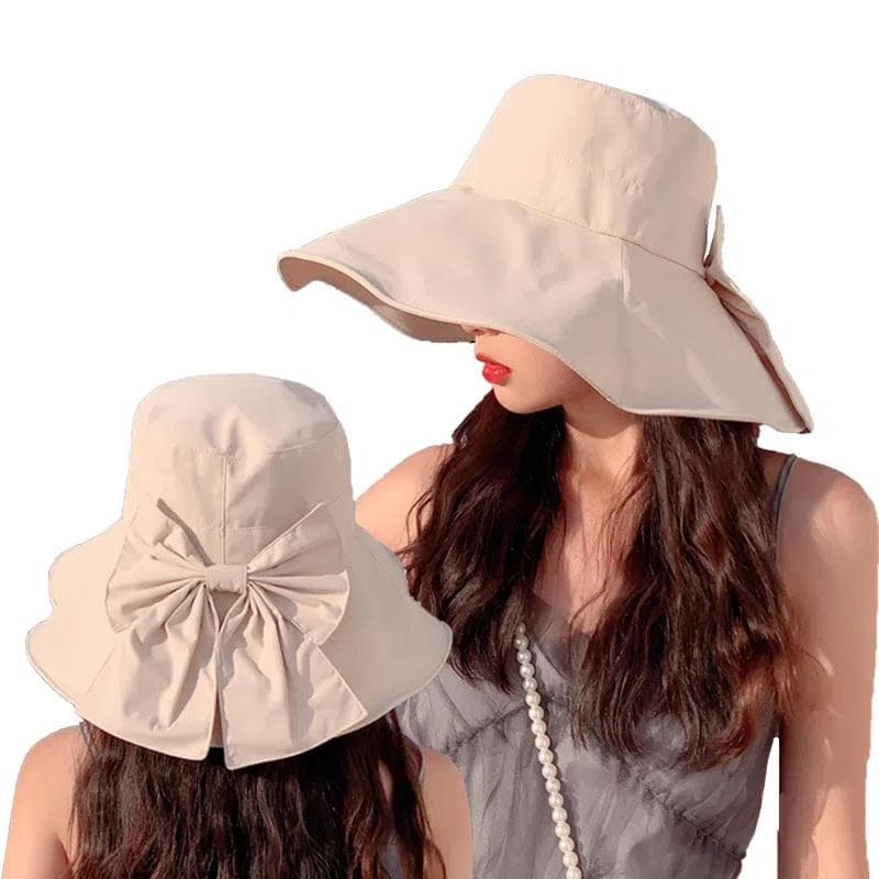 Bow Sun Hat Children's Summer Large Brim Hat Day Style Fisherman Hat Outing Beach Sun Hat 54-60cm beige