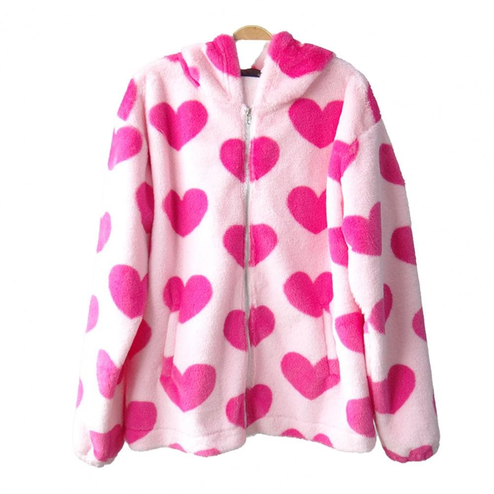 Women Autumn Winter Fleece Hooded Jacket with Drawstring Long Sleeve Pockets Zipper Placket Plush Sweatshirt Coat Heart Bear Pri XL pink