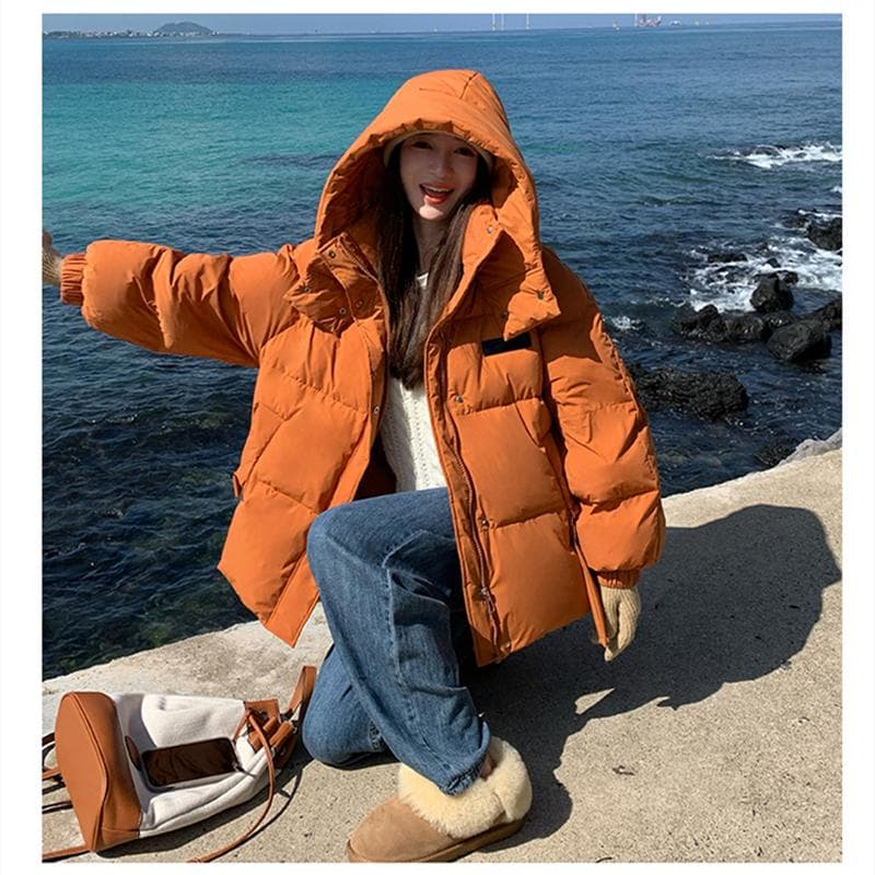 Solid Color Down Jacket Women Hooded Coat Stand Collar Fashion American Streetwear Duck Down Feather Female Winter Short Outwear L orange