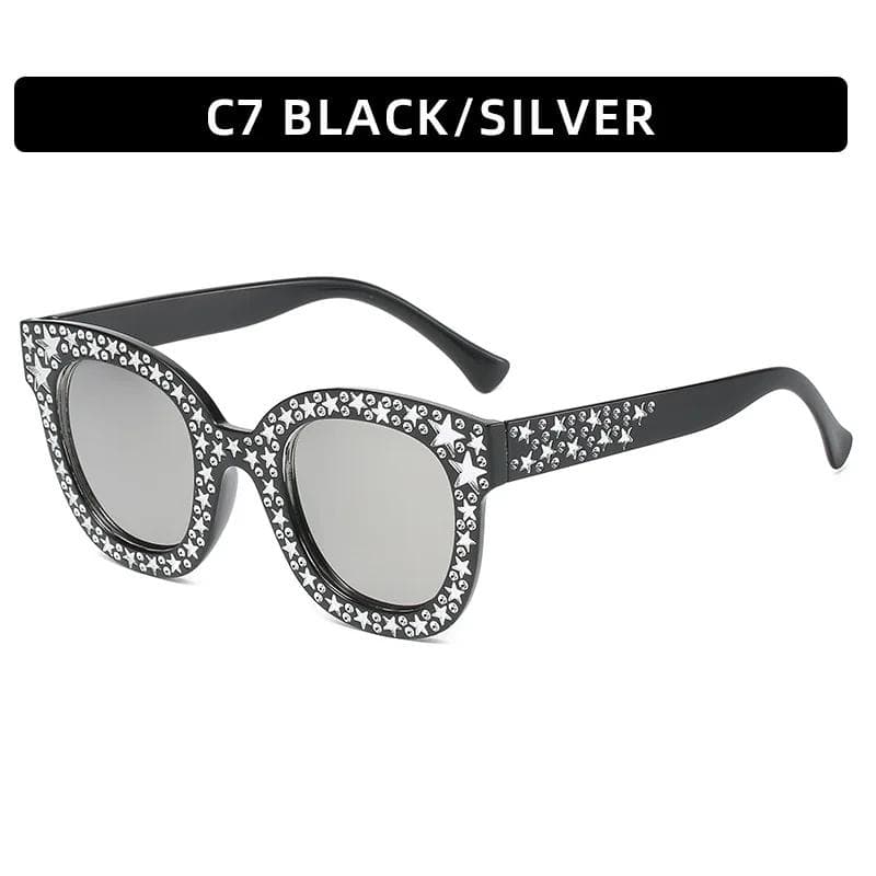 Rhinestone Frame Sunglasses Vintage Cat Eye Sparkling Star Fashion Shades for Women Beach Travel Party