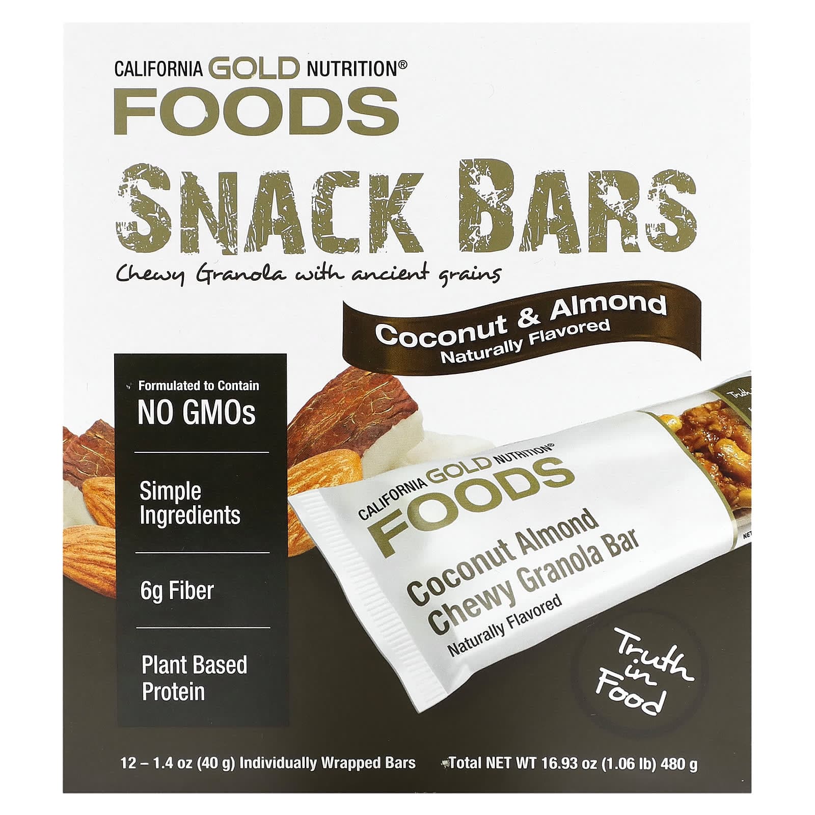 California Gold Nutrition, Food, Coconut Almond Chewy Granola Bars, 12 Bars, 1.4 oz (40 g) Each