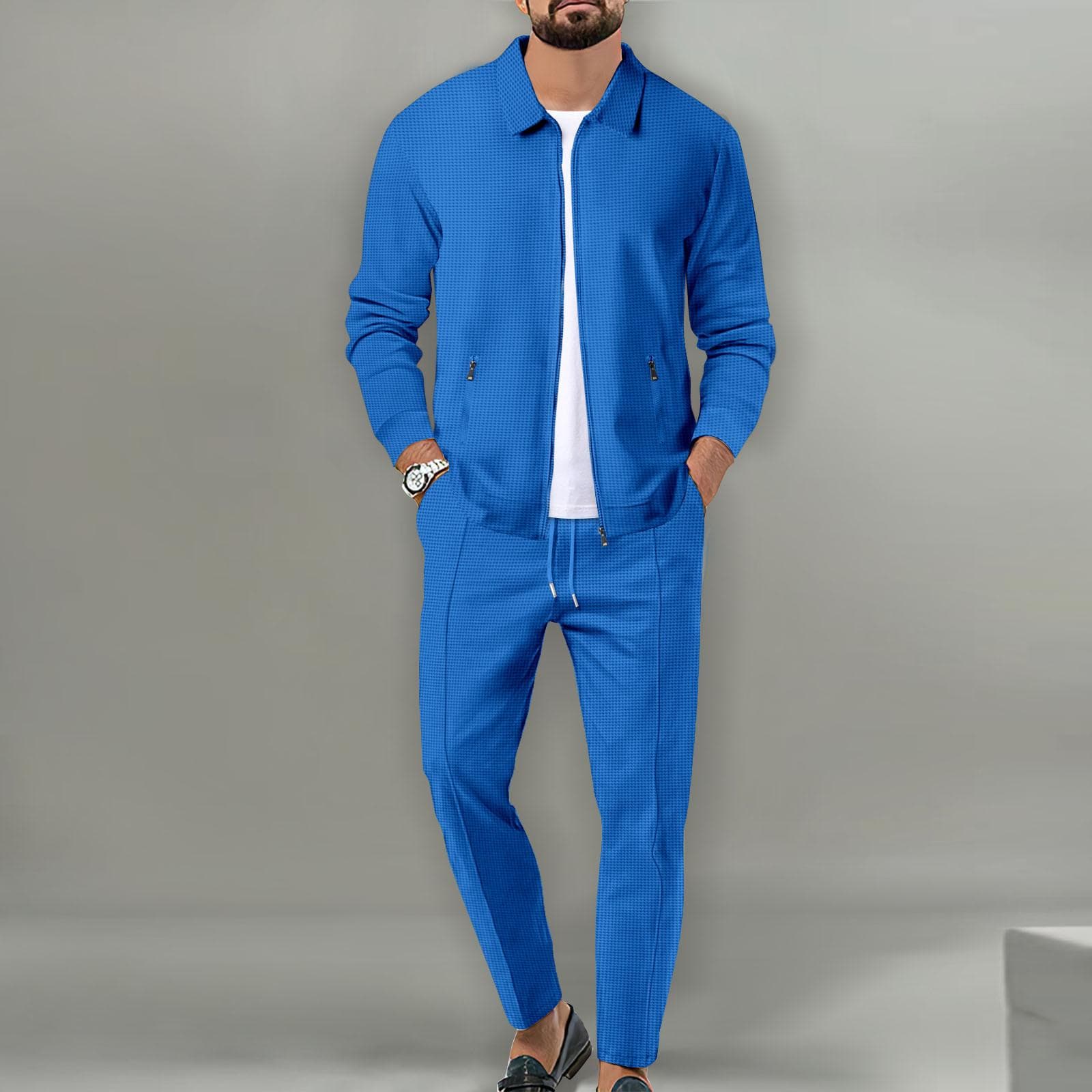 Men's Casual Blazer Set Fashion Waffle Baseball Suit Round Neck Pocket Zipper Long Sleeve Trousers Two-piece Set XL royal blue