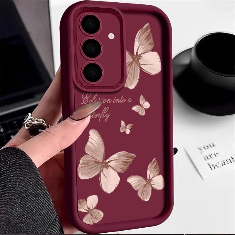 For Samsung S25 S24 S26 S22 Ultra Plus S23 S21 S20 Fe A55 A54 A53 A52 A35 A15 5g A17 A37 A57 Butterfly Patterned Shockproof Silicone Soft Case Cover Samsung A26 wine red