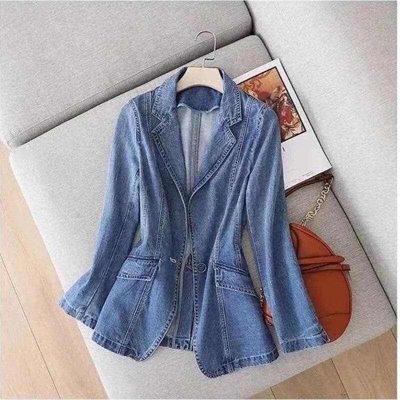 Spring Autumn Vintage Suit Women Jeans Jacket Casual Tops Loose Short Denim Blazer Outwear Female Cowboy Basic Coat M blue