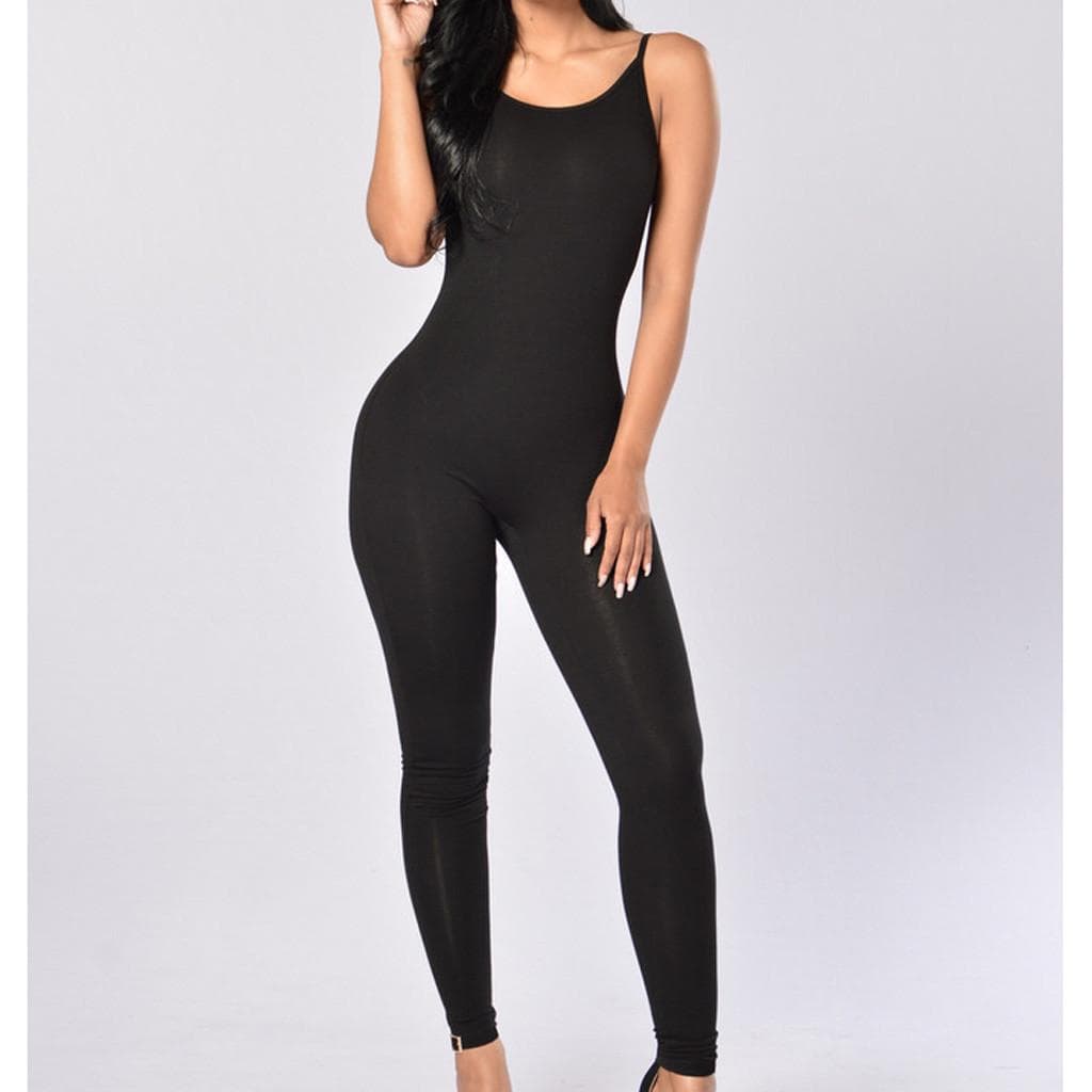 Women Solid O-neck Sexy Slim Yoga Pants Fitness Sleeveless Mid Jumpsuit L black