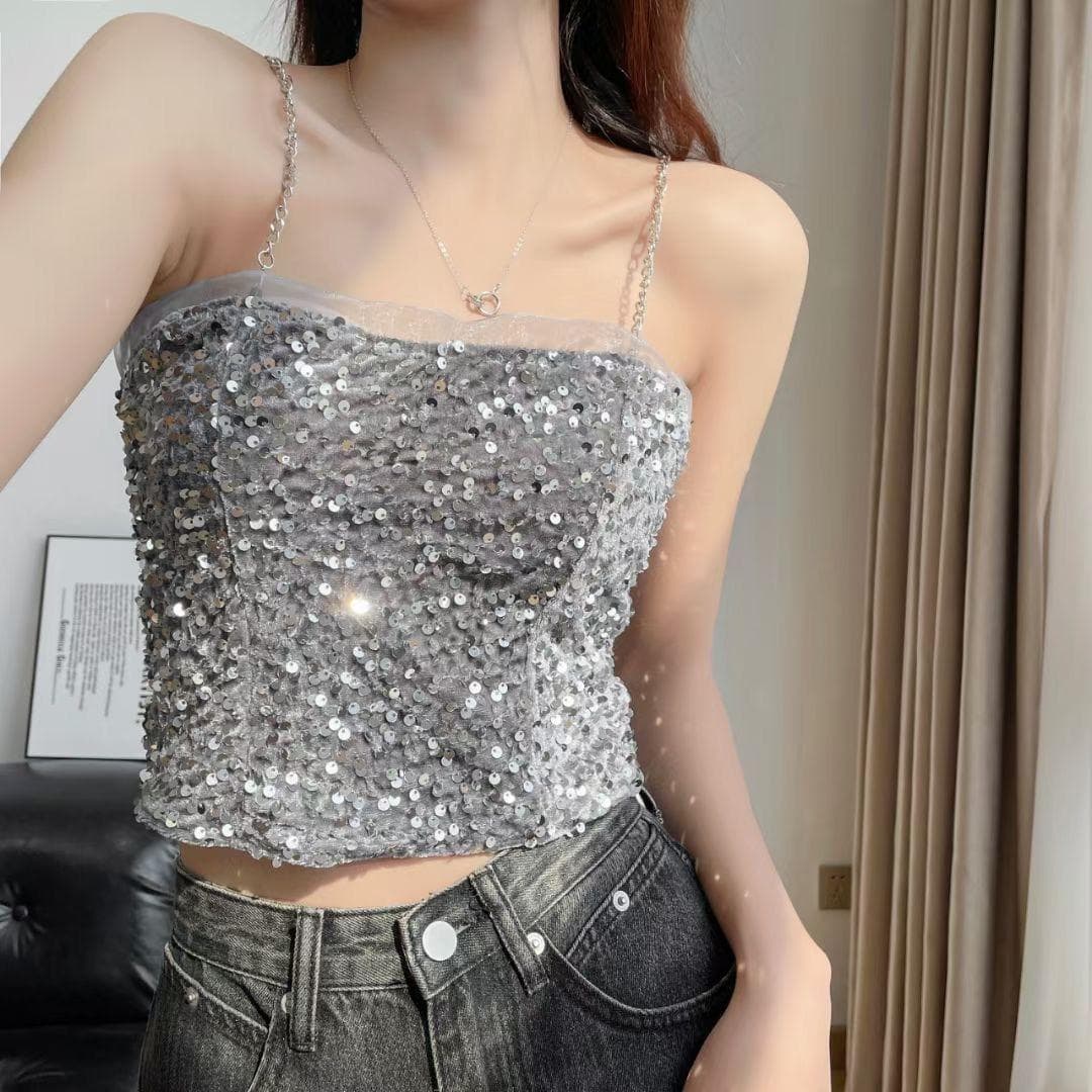 Pure Desire Sexy Glitter Sequins Small Camisole, Summer New French Sweet and Spicy Undershirt Inside, Short Section Thin Camisole L 95-60kg