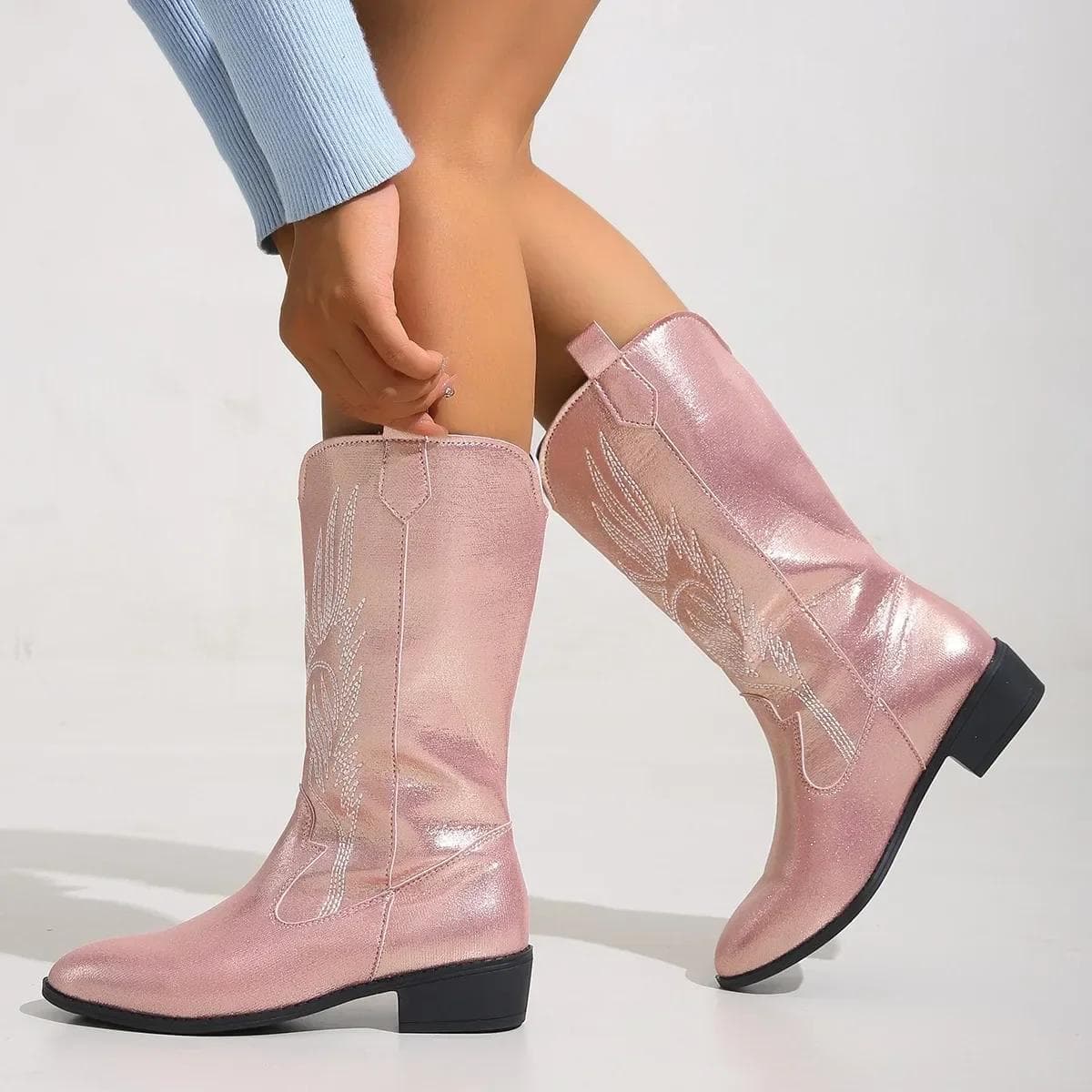 Fashion Women Fashion Slip on Knight Boots Ladies Autumn Winter Thick Sole Knight Boots Pointed Toe Square Heel Embroidered Cowboy Boots 41 pink