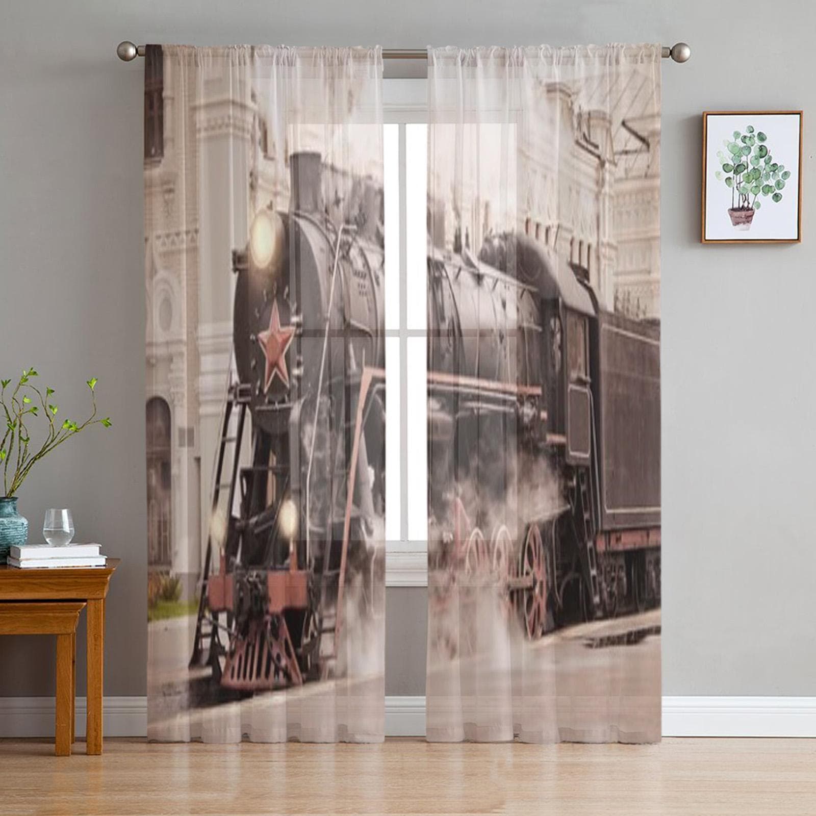 Retro Steam Train Stands On The Railway Station Chiffon Sheer Curtains for Living Room Bedroom Window Voiles Tulle Curtain 135W x 114H(cm)