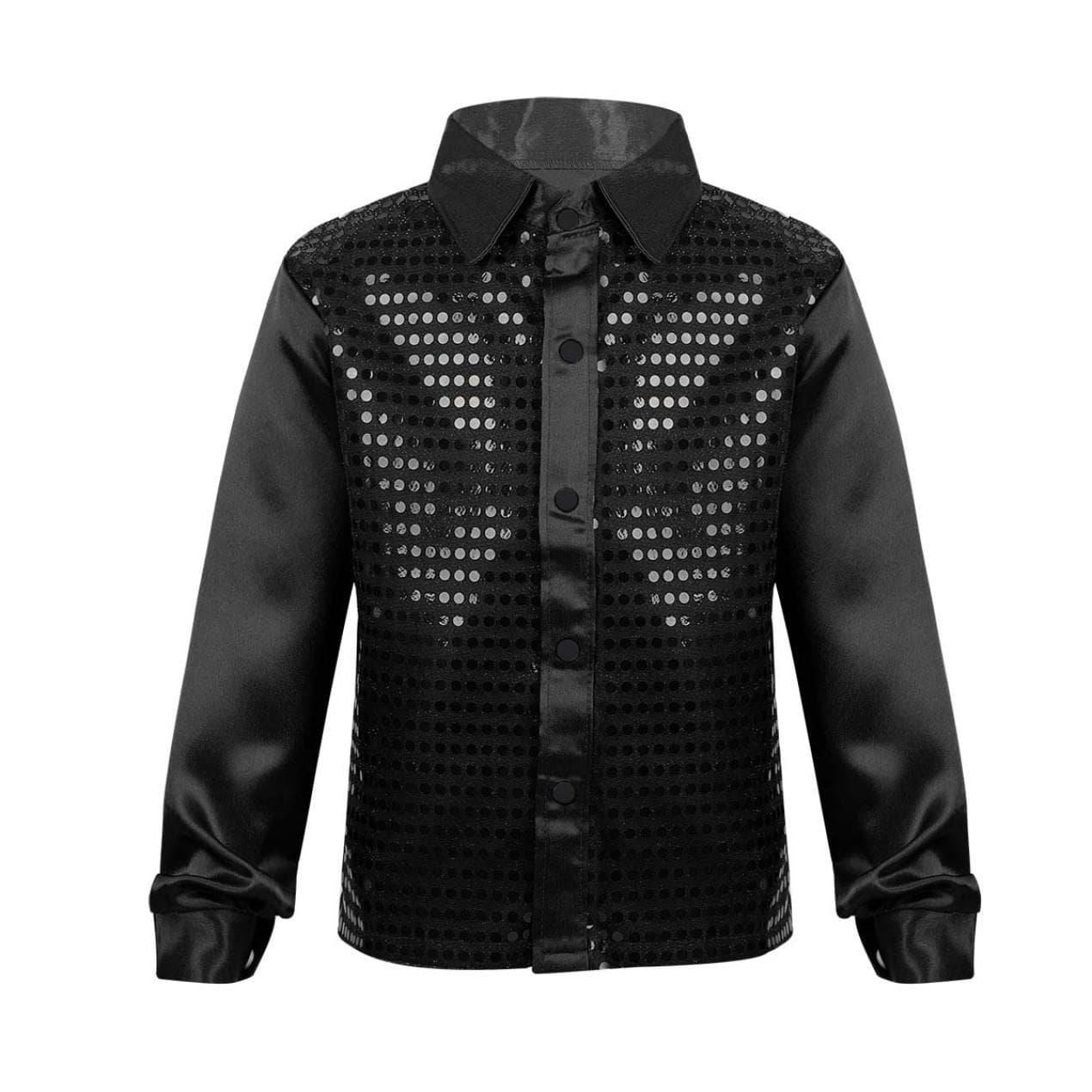 Kids Teens Boys Sequined Long Sleeve Shirt Hip Hop Jazz Disco Dance Shirt Tops Performance Costumes 8-10 Years black