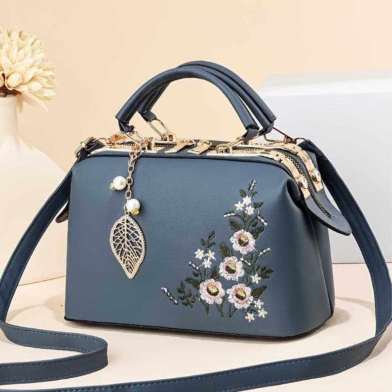 Small Elegant Floral Handbag Fashion Elegant Floral Embroidered Handbag For Women Shoulder Crossbody Bag Polyester Lined With Zipper Closure blue