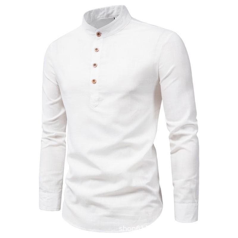 Men's solid color casual slim fitting standing collar long sleeved business shirt shirt XXXXL white