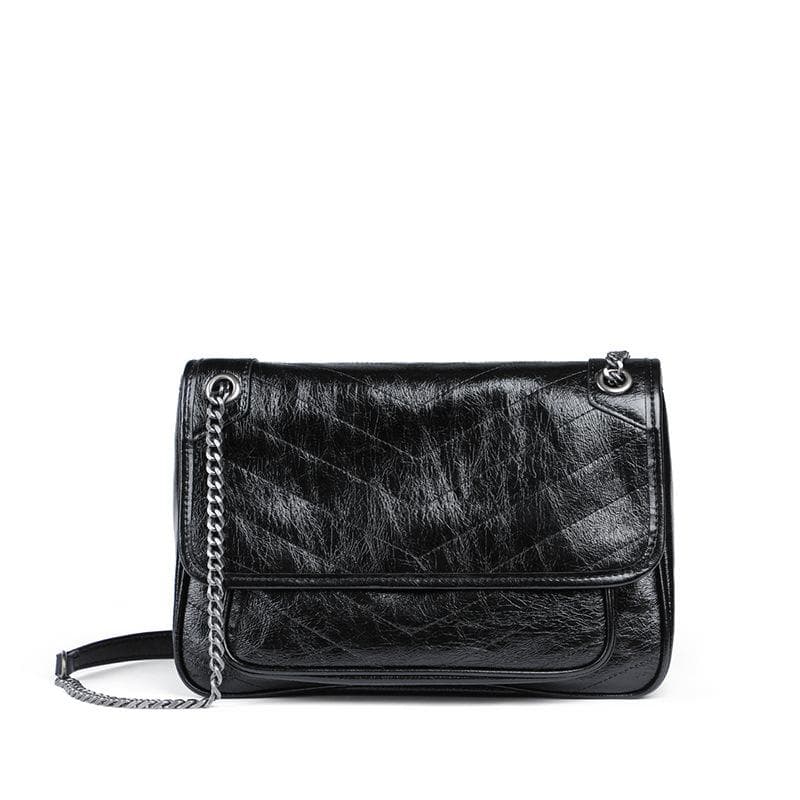 Women's Bag Leather Chain Bag Single Shoulder Ins Crossbody Messenger Bag Oil Wax Leather Hobo Bag 28.5*8.5*20(cm) black