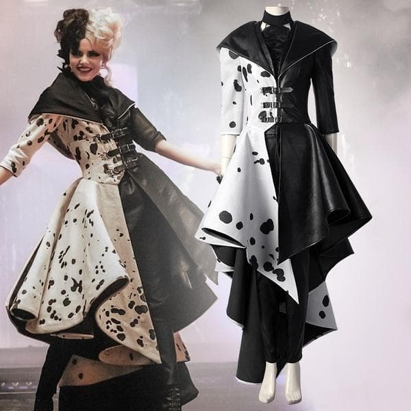 2025 Cruella De Vil Cosplay Costume Adult Women Cruella Black White Polka Dot Dress Jacket Cruella Cosplay Costume Coat Dress Outfit 155cm black