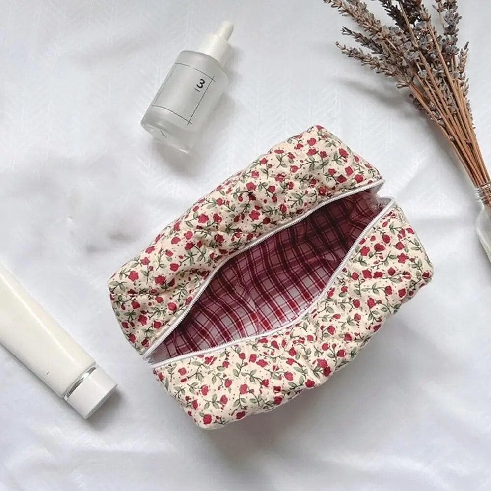 Flower Printed Zipper Makeup Bag Storage Organizer Makeup Accessory Toiletry Bag Cosmetic Pouch Travel Cosmetic Bag red