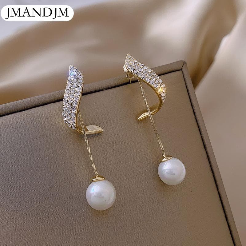 1 Pair Elegant Imitation Pearl Drop Earrings Women's Crystal Long Fringe Delicate Drop Earrings gold