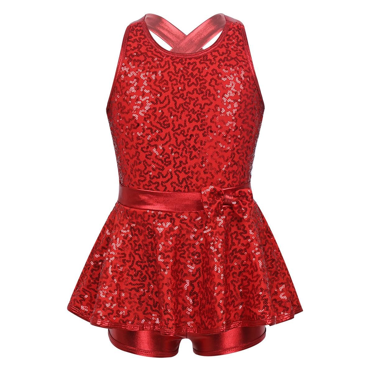 Girls' Kids Sequin Ballet Jazz Modern Tap Dress Dance wear Performance Costume Criss Cross Back Leotard Shorts 12-14 Years red