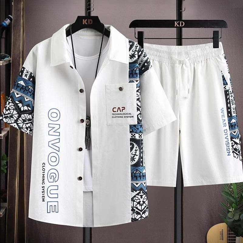 Fashion Men's Short-sleeved Shirt Suit Men's Summer Tide Design Sense Splicing Printing Casual Sports Shorts Two-piece Clothes XL white