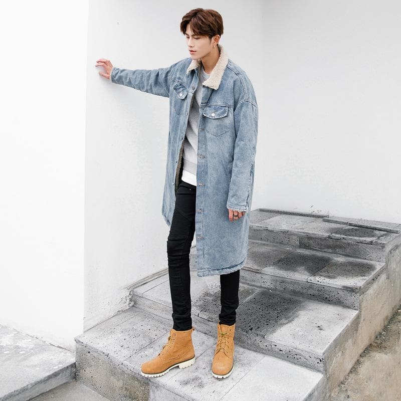 Men's Personalized Literary Loose Denim Cotton Clothes Men's Medium-length Lapel Thickened Jackets Men's Cotton Clothes Men M blue