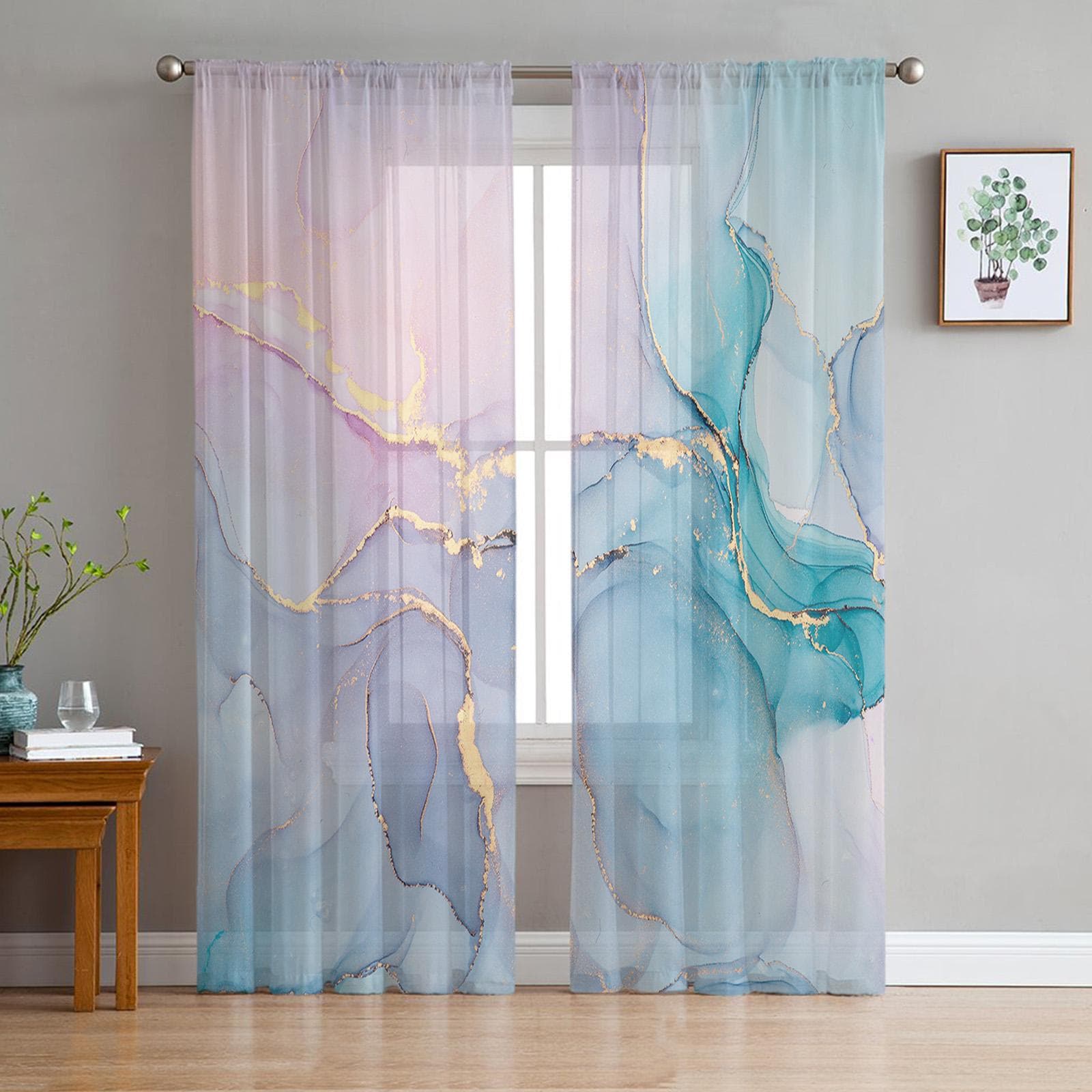 Youth Bedroom Sheer Curtains Marble Turquoise Pink Kitchen Study Curtains Living Room Holiday Decor Tulle Curtains 135W x 213H(cm) x2
