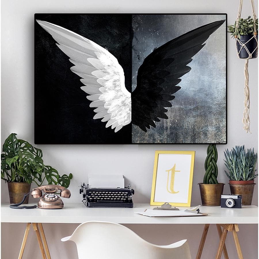 Black White Powerful Feather Wings 5d Diy Diamond Painting Mosaic Painting Angel Wall Decor 30X40CM