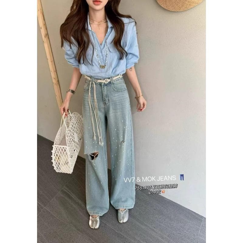 Women's New Summer Pearl High-waisted Slim, Loose and Versatile Wide-leg Casual Straight-leg Trousers XXL