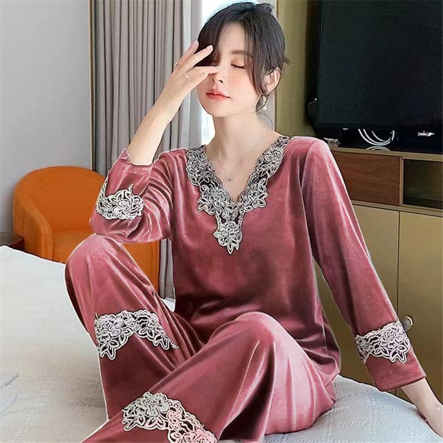 Oversize Velvet Pajama Sets Spring Womens Loose Long Sleeve Loungewear Suits Sleepwear Casual Pants Nightwears 2 Piece Conjunto L