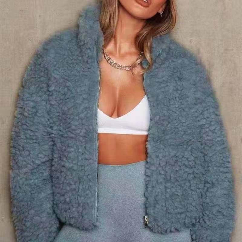 Winter Lamb Wool Short Coat For Women Thicken Warm Long Sleeve Turtleneck Jackets  Fashion Streetwear Ladies Overcoat M blue