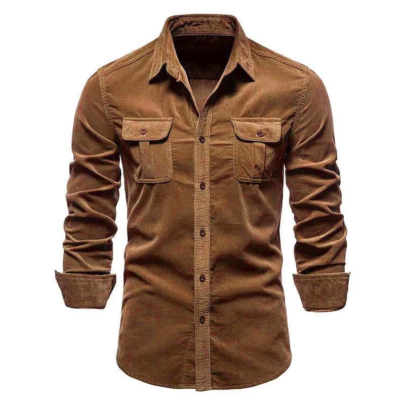 Men's Japanese Corduroy Slim Fit Long Sleeve Casual Shirt L dark brown